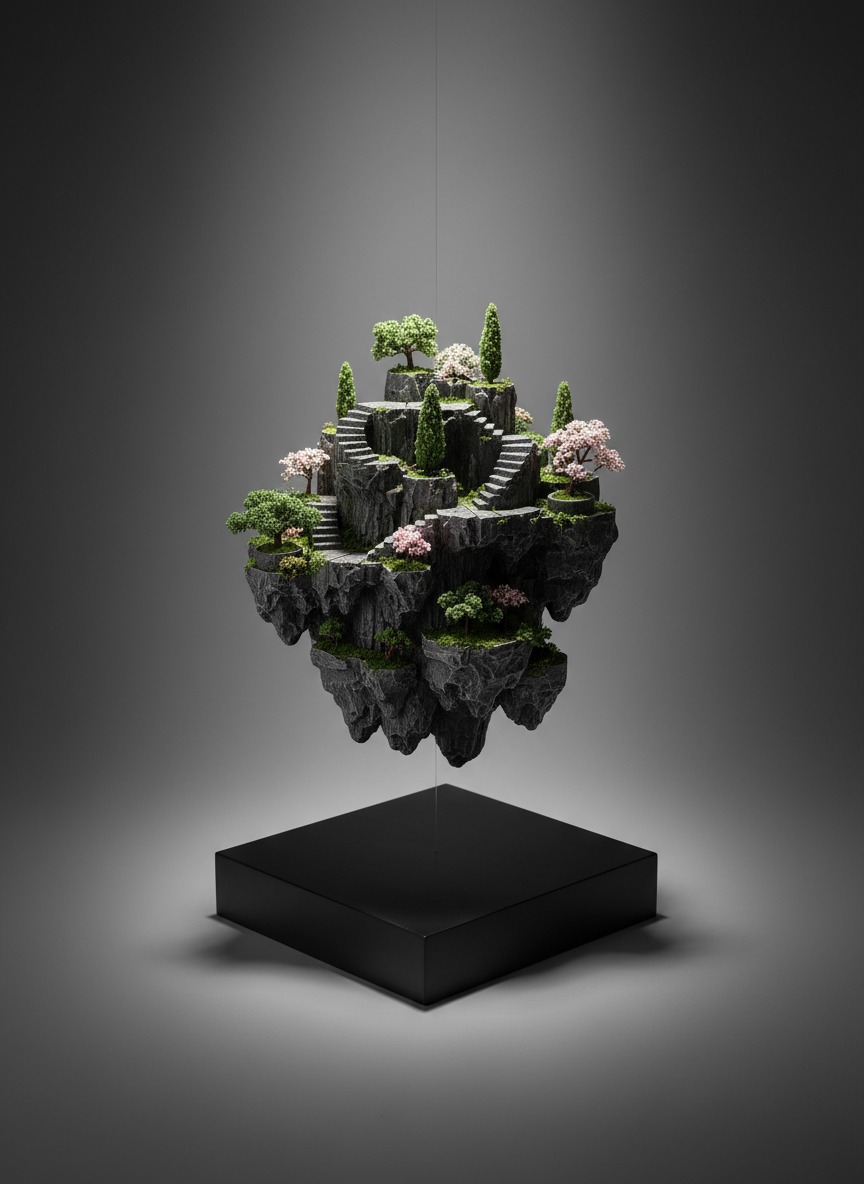 A compact 3D puzzle of a floating island garden, with layered platforms of textured stone-like pieces, miniature staircases, and tiny planters containing finely sculpted foliage. The build is suspended on a slender, nearly invisible support above a satin-finished black base, set against a subtle gradient backdrop from charcoal to dove gray. A controlled spotlight from above and slightly behind creates a halo effect, catching edges and casting a crisp, dramatic shadow on the base below. Captured in close-up at a slightly low angle, the island seems to hover, with a shallow depth of field isolating it from the background. The mood is poetic and refined, balancing whimsy with a sophisticated, gallery-style photographic presentation.