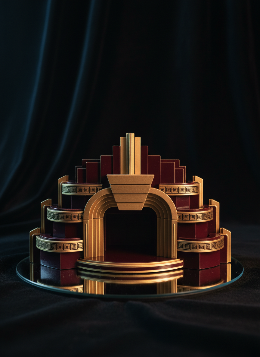 A jewel-like 3D puzzle of an art-deco inspired miniature theater, complete with tiered balcony boxes, tiny stepped motifs, and a stage framed by geometric arches in brushed brass and deep burgundy lacquered pieces. The model is centered on a mirrored base that subtly reflects its underside details, placed within a dark, velvety backdrop. Focused, warm key lighting from the front and a cooler, faint backlight create dimensional highlights on metallic surfaces and gentle reflections on the mirror. Photographed straight-on at eye level, the frame is tightly composed to emphasize symmetry and ornamentation. The mood is dramatic and luxurious, presenting the miniature as a collectible object within a high-end, photographic realism portfolio context.
