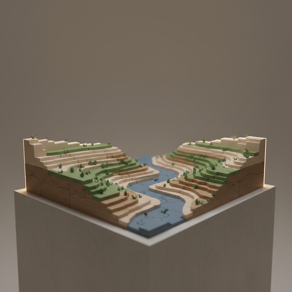 A modular 3D puzzle landscape of terraced cliffs and a winding river, built from smoothly finished matte plastic and stained wood pieces in a palette of soft taupes, moss greens, and slate blues. The miniature terrain sits on a low plinth against a seamless warm gray backdrop, creating a gallery exhibition feel. Gentle, diffused top lighting emphasizes the layered geometry and subtle textures, while a faint rim light along the far edge adds definition. Shot from a low, ground-level perspective that makes the tiny world feel expansive, the foreground elements are in sharp focus with the distance softly blurred. The mood is serene and contemplative, showcasing the puzzle as a refined design object in clean, photographic realism.