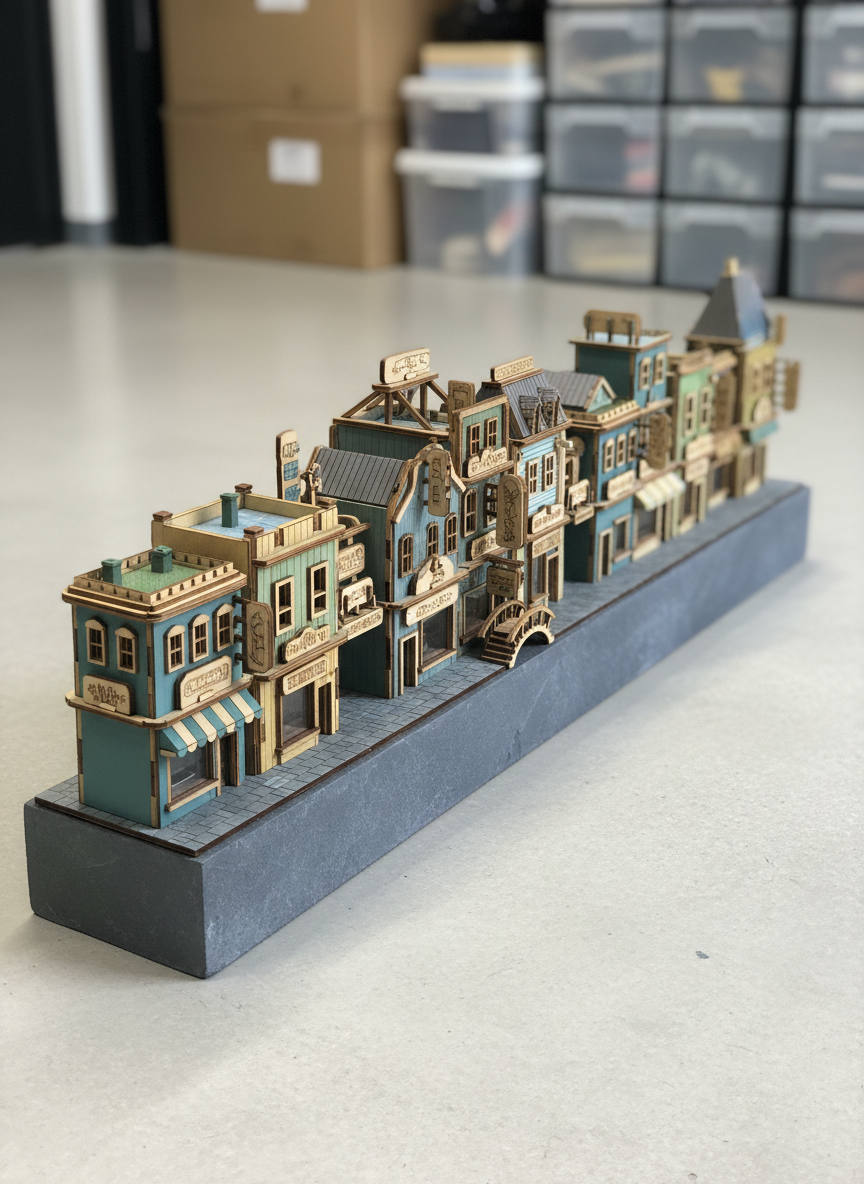 A panoramic 3D puzzle streetscape of interconnected miniature shopfronts, each façade assembled from precisely cut wood and acrylic pieces featuring layered signage shapes, window frames, and awnings without any readable text. The model stretches across a long slate-colored plinth on a light concrete surface, with only subtle, blurred shapes of storage boxes in the background. Even, diffused studio lighting ensures clarity from one end to the other, with gentle shadows accentuating depth between buildings. Shot from a long, slightly elevated side angle, the composition uses leading lines to draw the eye along the entire build. The atmosphere is polished and professional, emphasizing the portfolio’s breadth, consistency of detail, and the quiet charm of tiny urban worlds.