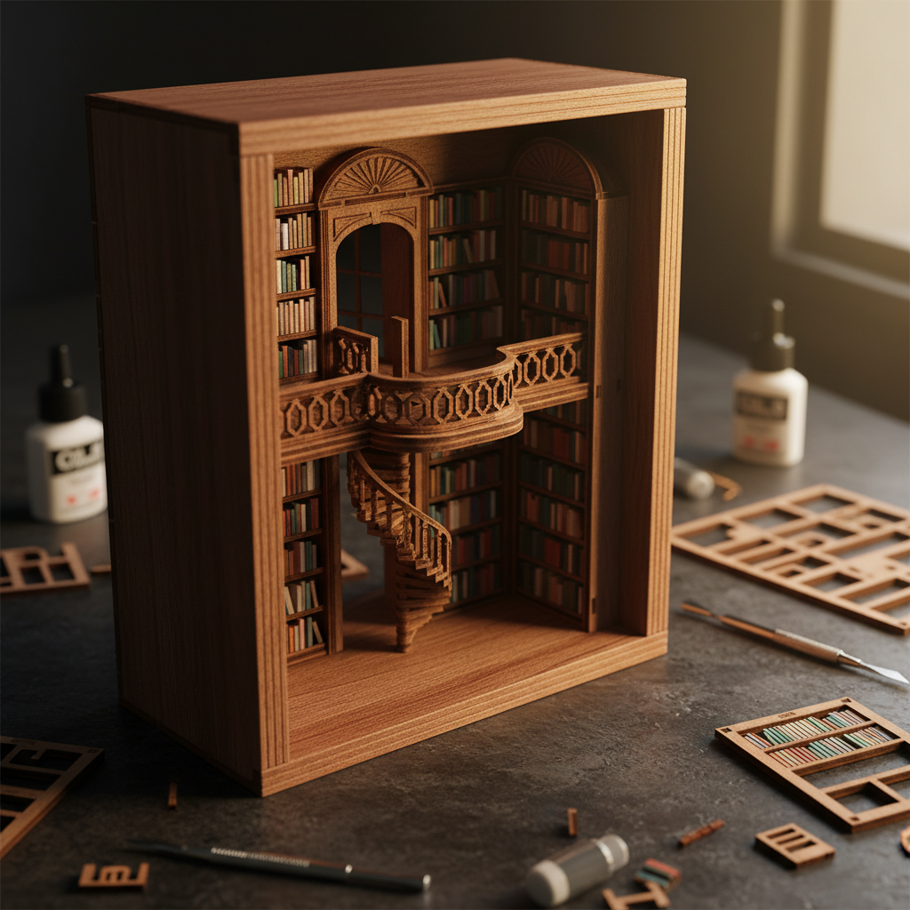 A highly detailed 3D puzzle of a classical library interior in miniature, with interlocking shelves of faux mahogany, tiny individually slotted books, spiral staircase elements, and intricate balustrades. The piece is displayed inside a shadow-box style frame resting on a dark stone surface, surrounded by softly out-of-focus tools and spare puzzle segments hinting at the making process. Warm, directional light from the right creates elegant highlights on polished surfaces and deep, dramatic shadows between shelves, evoking a sense of depth. Photographed close-up with a narrow angle and shallow depth of field, the focus rests on a central balcony, revealing exquisite craftsmanship. The overall atmosphere is intimate, scholarly, and sophisticated, aligned with high-end portfolio photography.