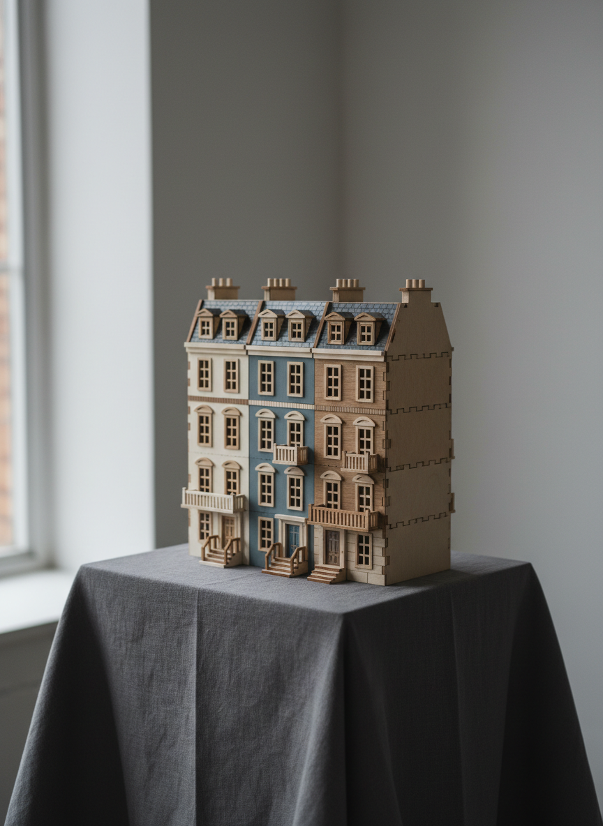 A meticulously assembled 3D wooden puzzle of a miniature townhouse block, each façade finished in muted cream, slate blue, and warm gray tones, with tiny window frames and balcony railings sharply defined. The model rests on a charcoal linen-covered pedestal in a clean studio environment, with a softly blurred backdrop of neutral gray. Diffused daylight from a large side window creates gentle, even illumination, picking up the fine wood grain and casting crisp but understated shadows. Photographed at eye level with a slight three-quarter angle and shallow depth of field, the composition feels calm, refined, and gallery-like, emphasizing craftsmanship, precision joinery, and the sophisticated character of a professional portfolio piece.