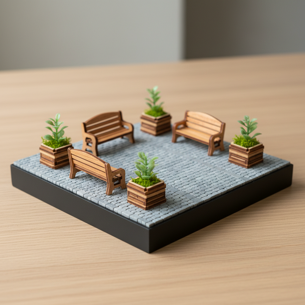 An intricate 3D puzzle diorama of a miniature city square, featuring interlocking resin and wood pieces forming cobblestone streets, tiny benches, and delicately detailed planters with scaled greenery. The build sits on a matte black display base atop a smooth oak table in a minimalist studio. Soft overhead studio lighting combined with a subtle side fill light creates controlled highlights along edges and corners, accentuating clean joins and layered depth. Captured from a slightly elevated angle with sharp focus across the scene, the background falls into a gentle bokeh of neutral tones. The mood is composed and contemplative, presenting the miniature world as a curated art object within a sophisticated, photographic realism style.
