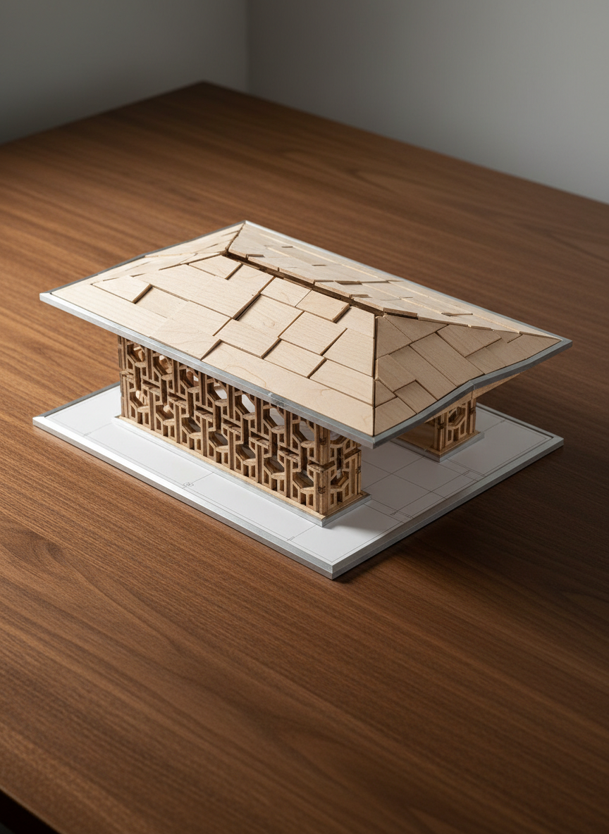 A precision-crafted 3D puzzle of an architectural pavilion, assembled in pale maple wood and brushed metal accents, with latticed walls and a cantilevered roof formed from interlocking segments. The structure stands on a matte white base with faint etched grid lines, placed on a dark walnut desk that subtly contrasts the light model. Soft studio lighting from two sides creates balanced highlights and delicate shadow patterns through the lattice, emphasizing structural rhythm and join accuracy. Photographed from a three-quarter overhead angle with generous negative space around the model, the composition feels modern and editorial. The atmosphere is calm, analytical, and sophisticated, ideal for a portfolio cover image that highlights precision, design thinking, and miniature craftsmanship.